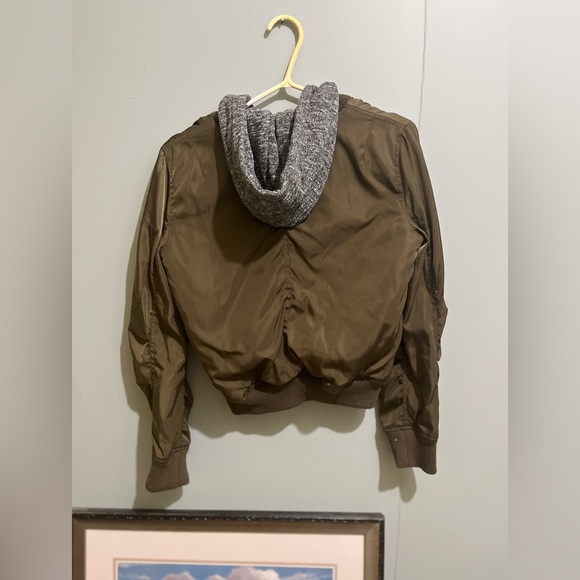 Love Tree Olive Bomber Jacket with Knit Hood- Size Small - Picture 6 of 10